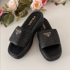 Prada Black Woven Platform Slide Mules with Logo Plaque